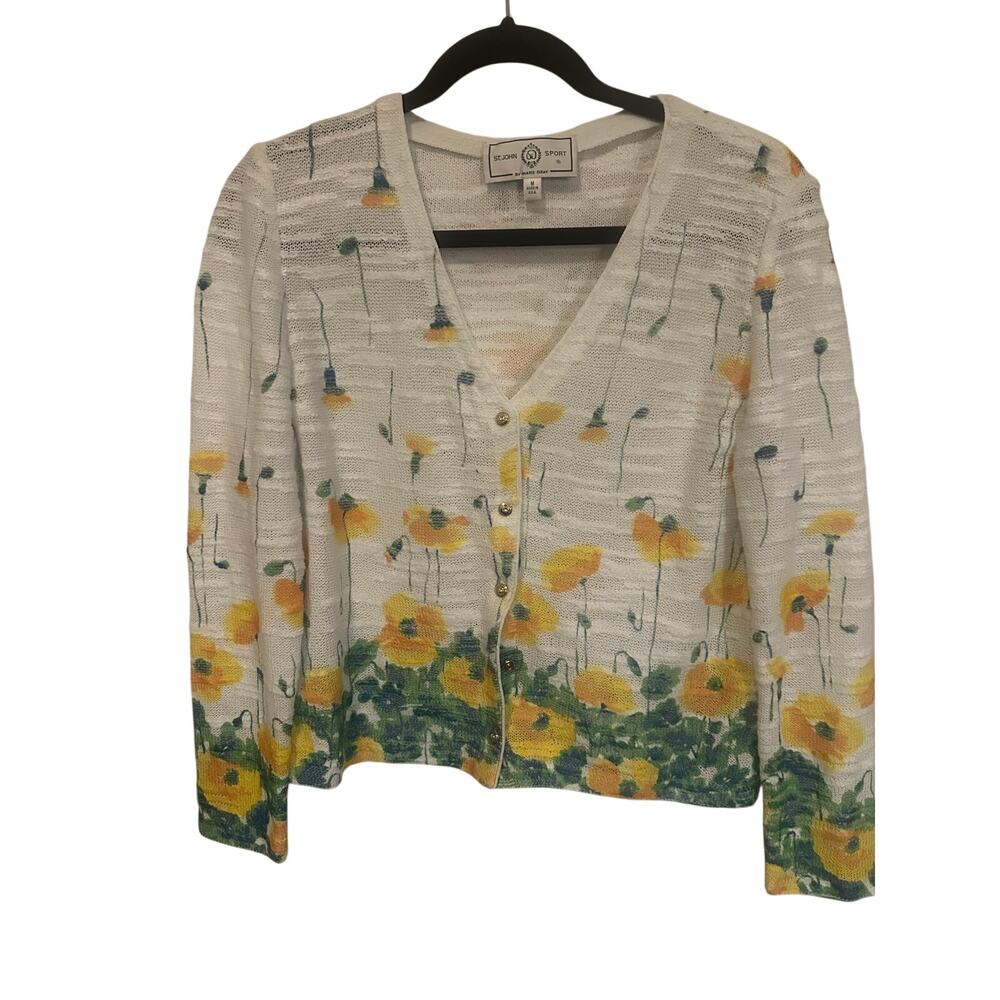 St. John Sport Marie Gray Floral Knit Cardigan Women’s Medium – Button Flaw